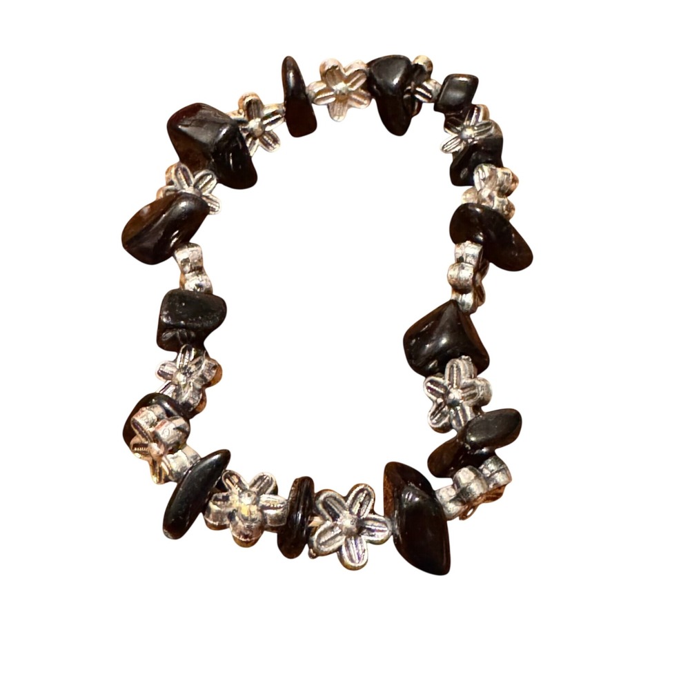 Black Stone Chip Silver Flower‎ Beaded Stretch Bracelet Boho Whimsigoth Jewelry